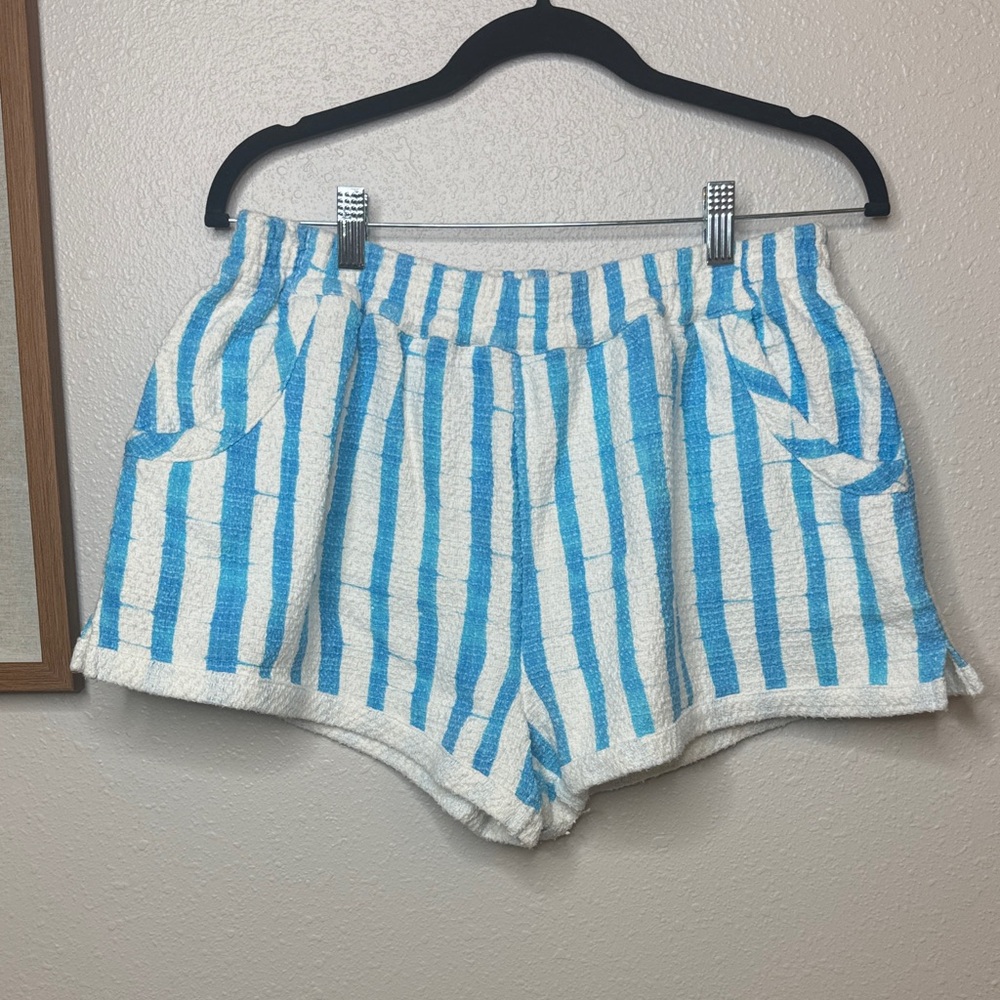 Anthropologie Lilka Blue White Stripe Cotton Terry Cloth Lounge Shorts -‎ Large